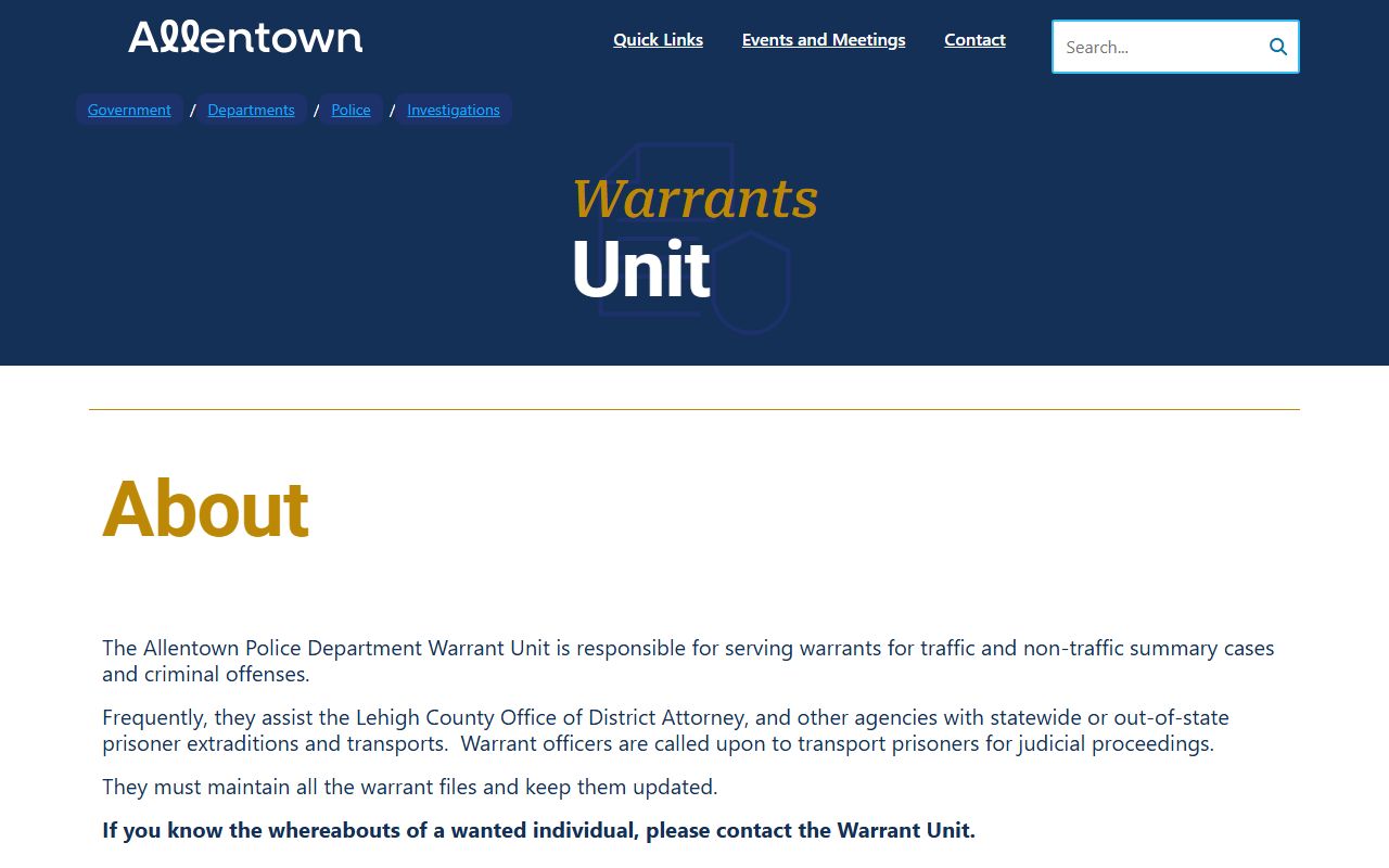 Allentown Police Department Warrants Unit page for booking and arrest warrant records