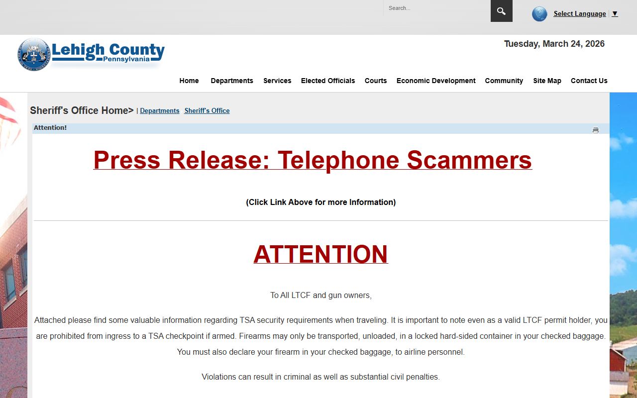 Lehigh County Sheriff Office page for Allentown booking and court records