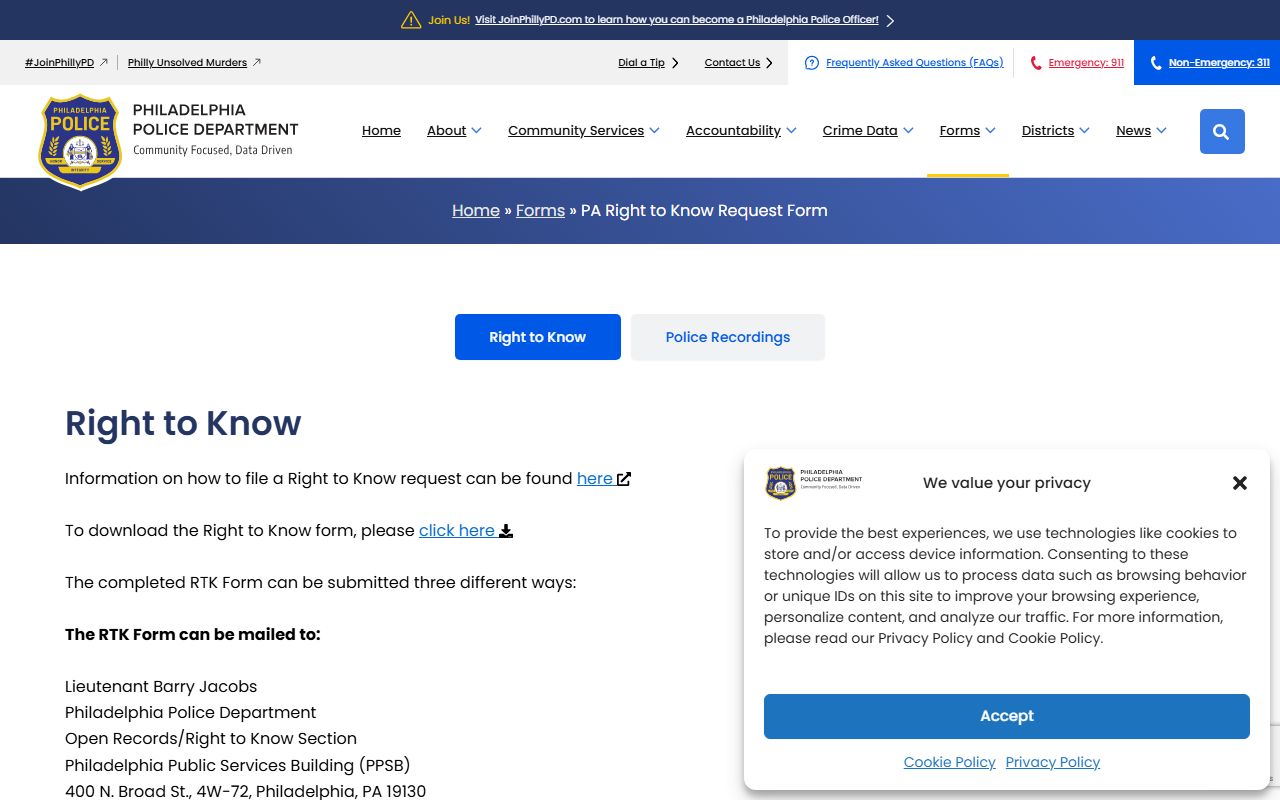 Philadelphia Police Department Right to Know request form for booking records