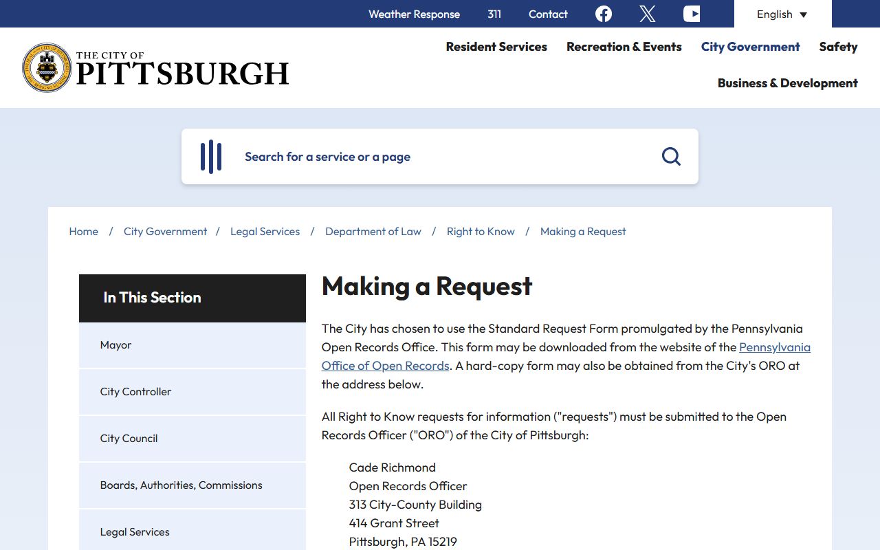 City of Pittsburgh Right to Know request page for booking and arrest records
