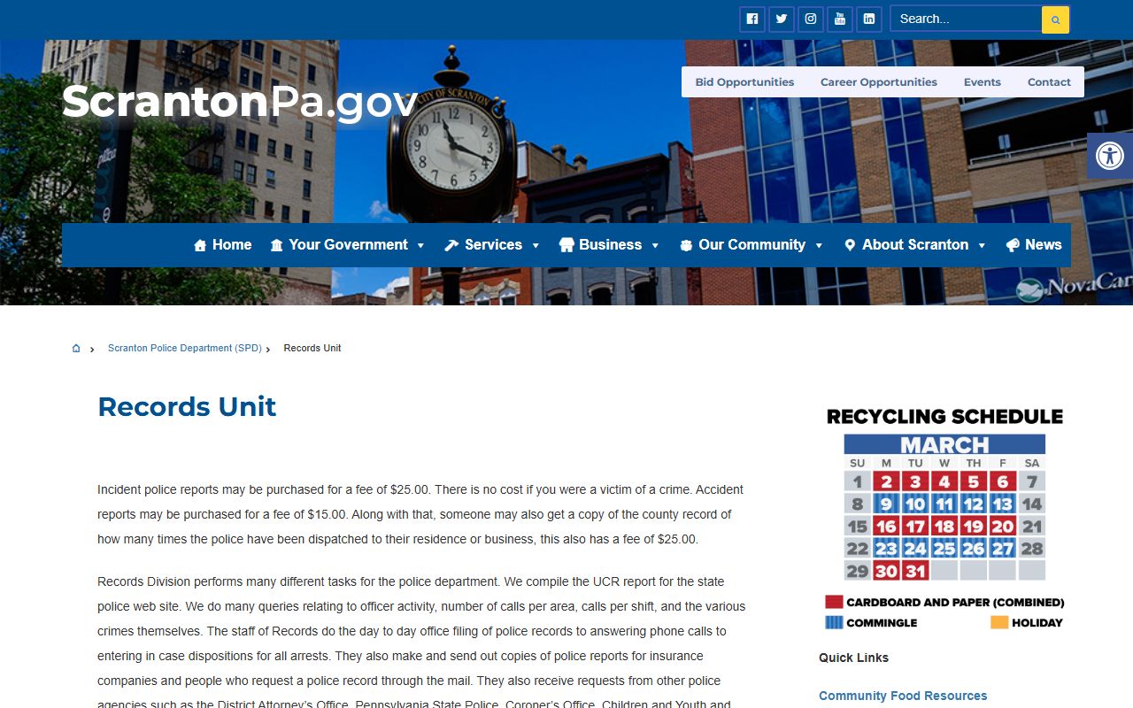 Scranton Police Department Records Unit in Lackawanna County Pennsylvania