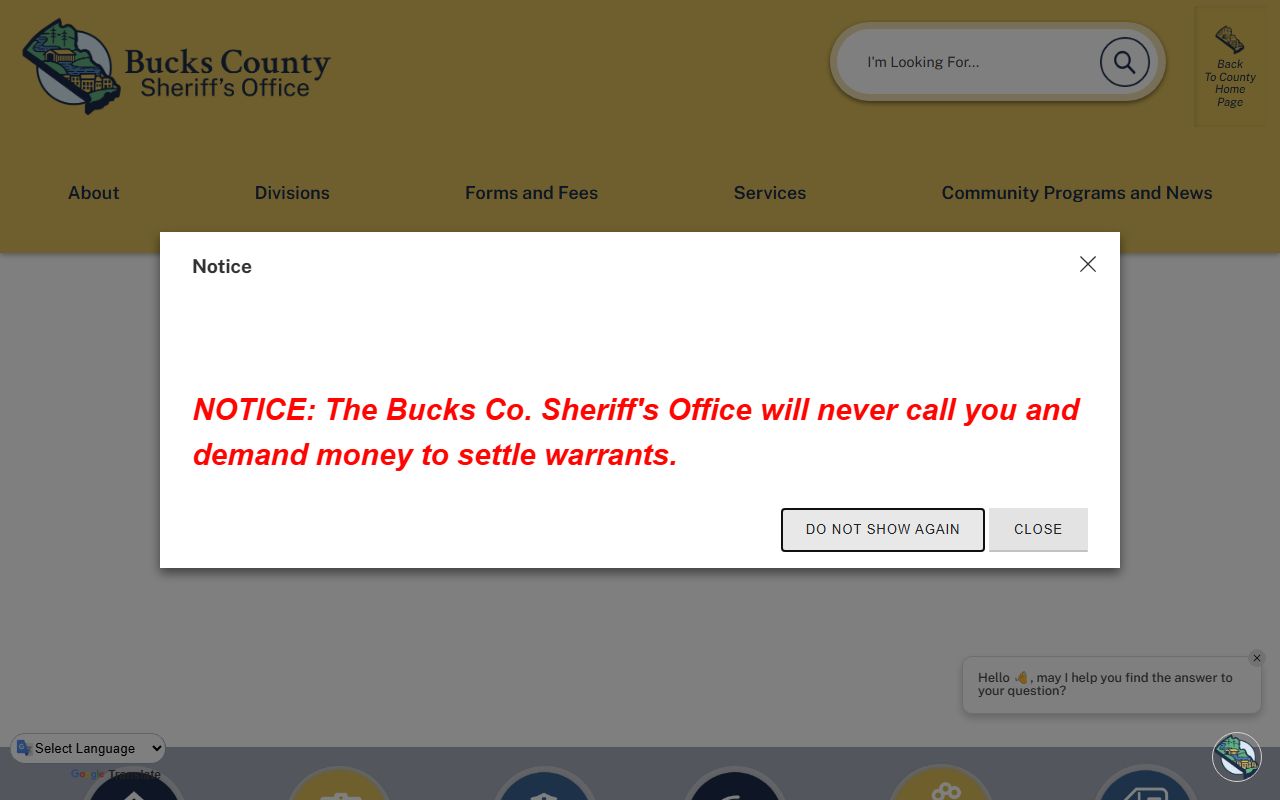 Bucks County Sheriff's Office responsible for warrant service and 72 hour booking arrests