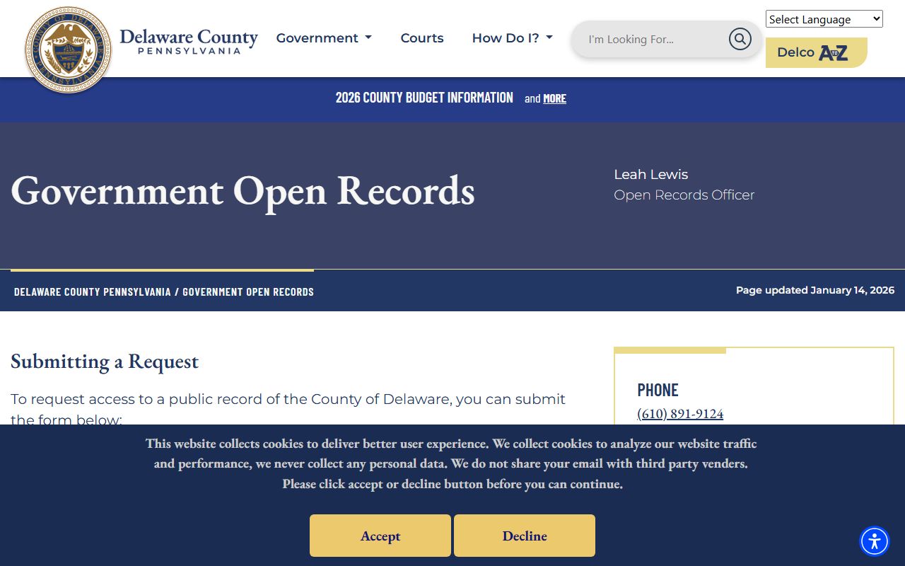 Delaware County open records request page for accessing 72 hour booking records