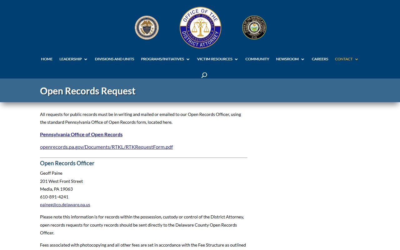 Delaware County District Attorney open records request page for booking and case records