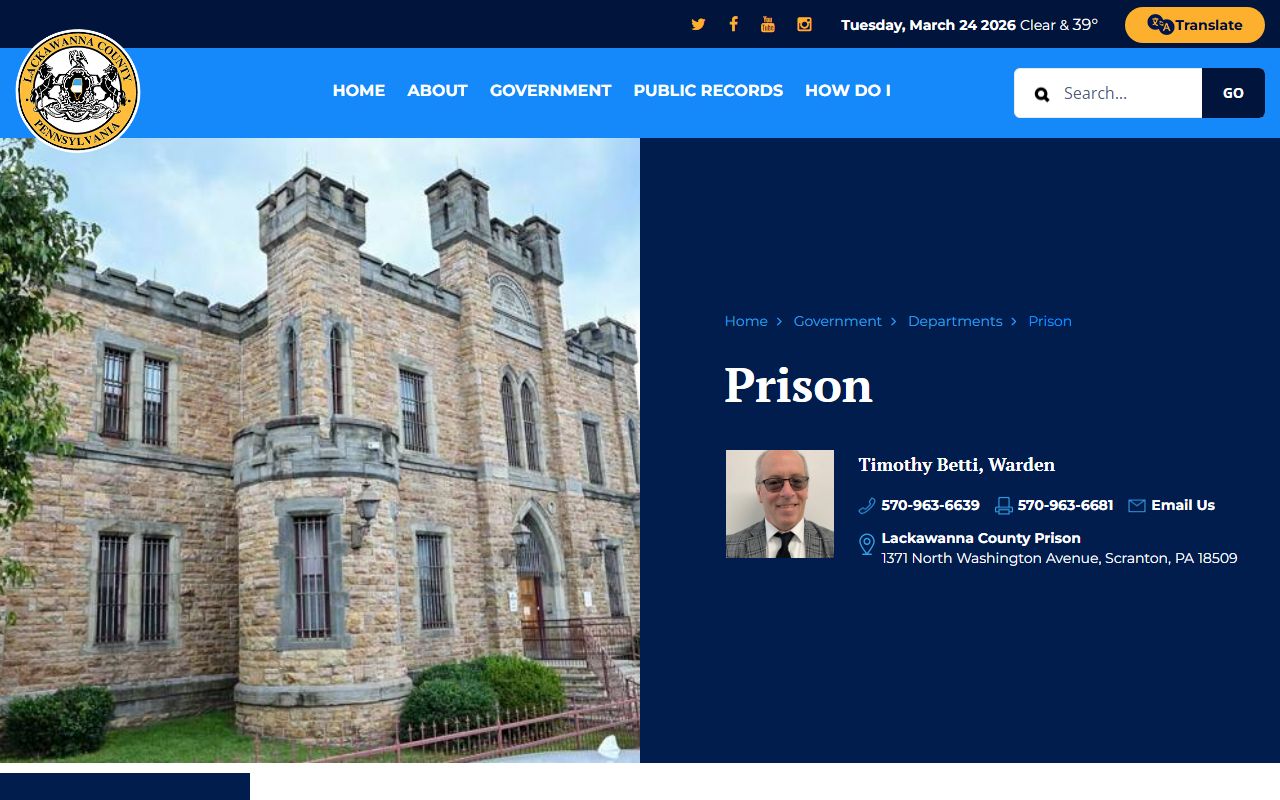 Lackawanna County Prison page for 72 hour booking intake and inmate information in Scranton