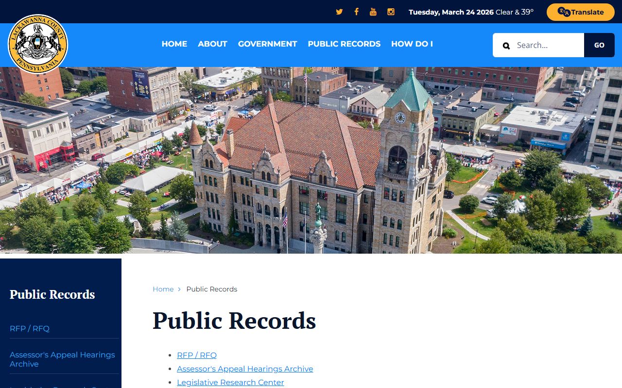Lackawanna County public records page for accessing 72 hour booking and arrest data