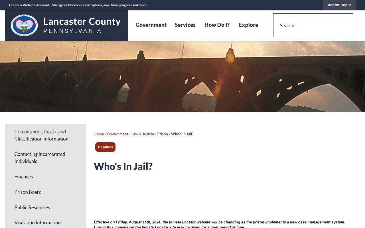 Lancaster County inmate locator page for checking 72 hour booking status and current inmates