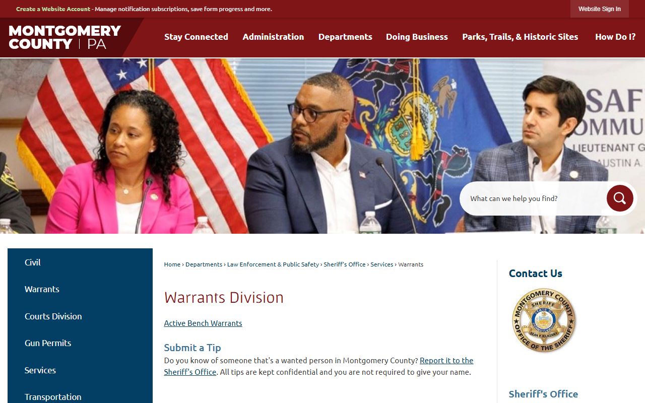 Montgomery County Sheriff warrants page listing active warrants tied to booking records