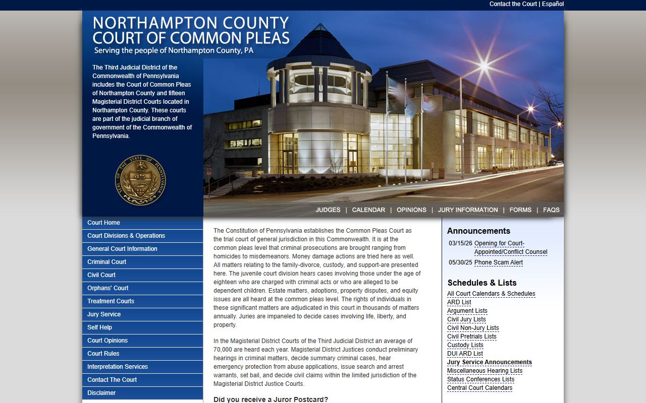 Northampton County courts for 72 hour booking arraignment and criminal case processing