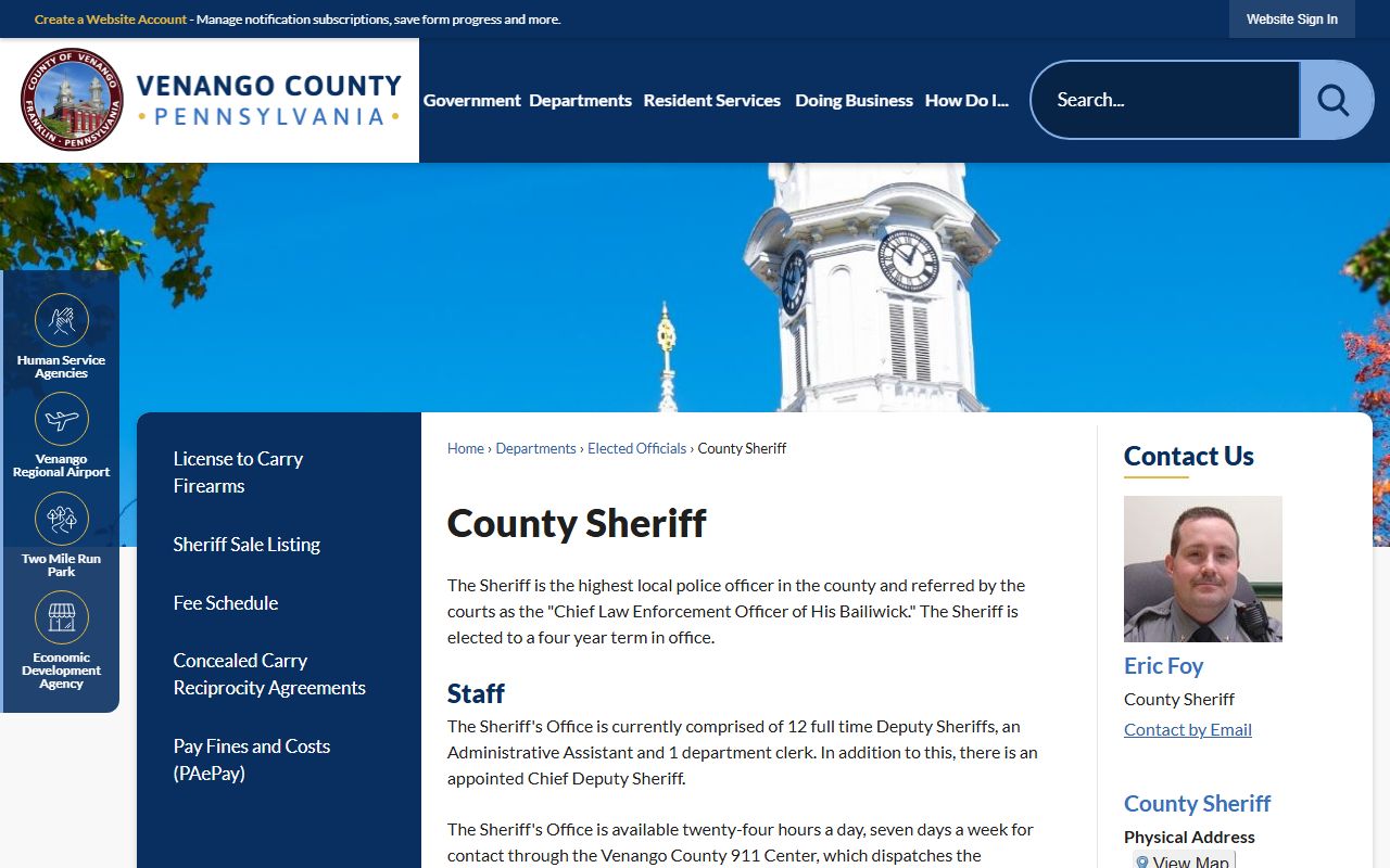 Venango County Sheriff's Office page for booking records and warrant service