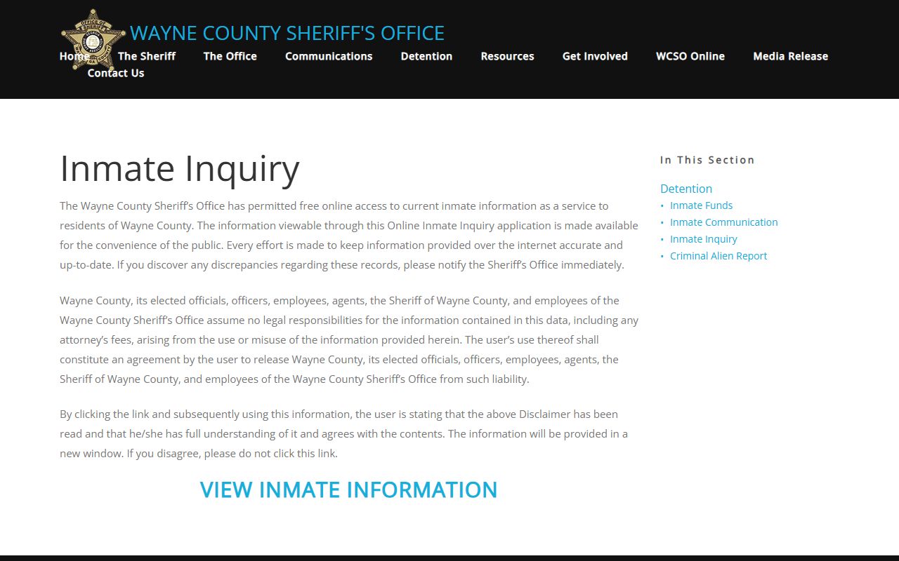Wayne County Sheriff inmate inquiry system for checking custody status and 72 hour booking details