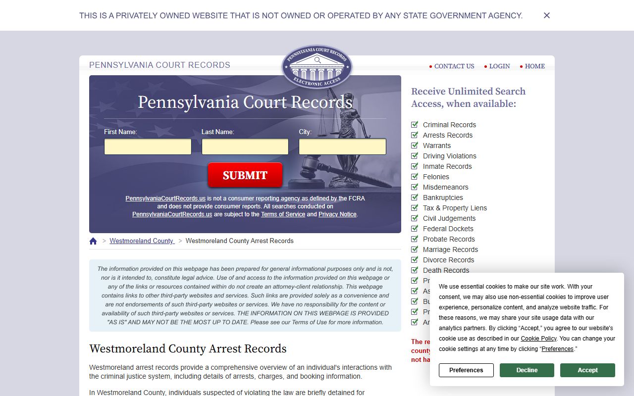 Westmoreland County arrest records page for finding recent 72 hour booking intake data