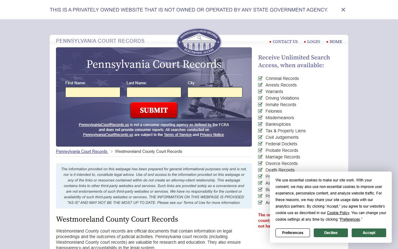 Westmoreland County court records page for searching 72 hour booking and criminal case data