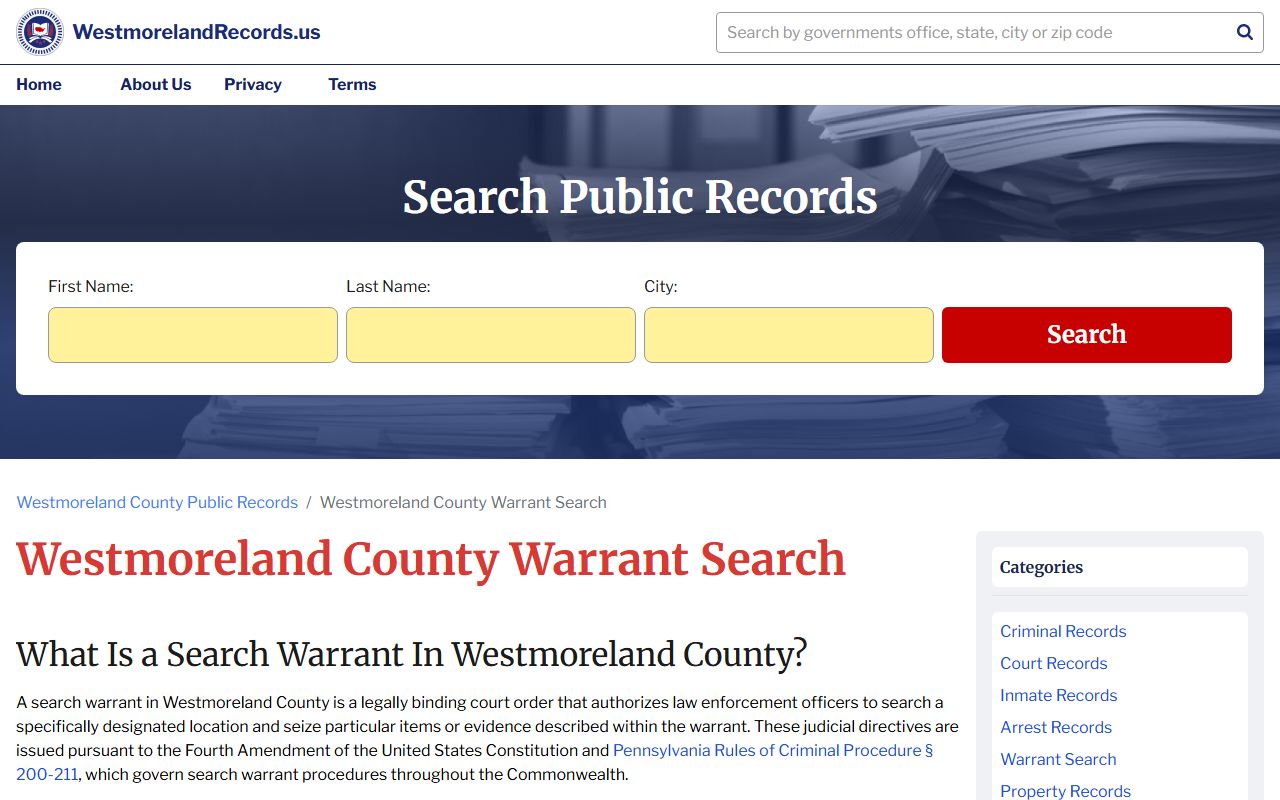 Westmoreland County warrant search tool for checking active warrants linked to 72 hour booking
