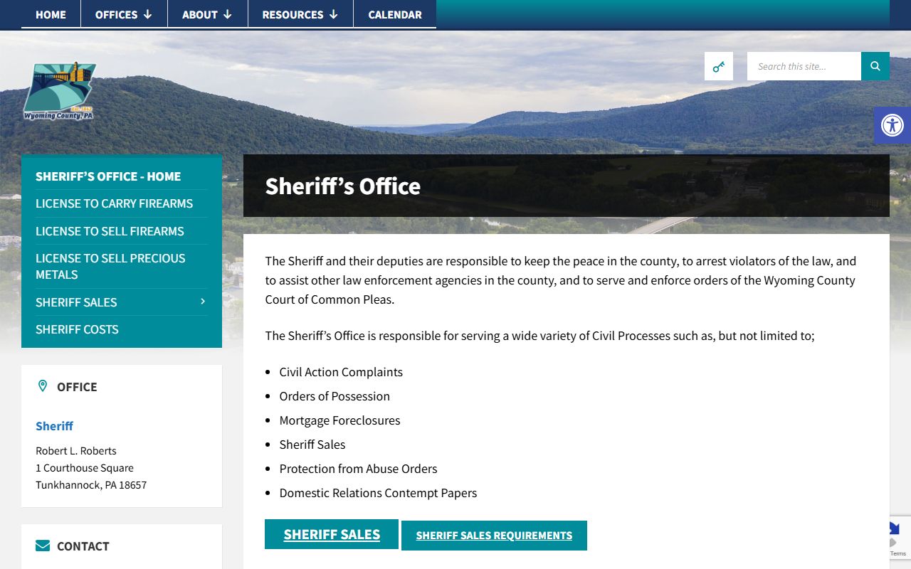 Wyoming County Sheriff's Office page for warrant service and 72 hour booking support in Tunkhannock