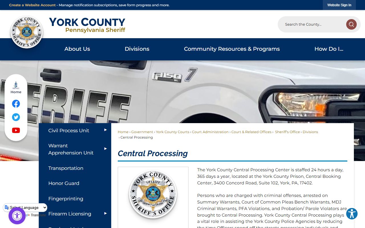 York County Central Processing page for 72 hour booking intake and arrest processing