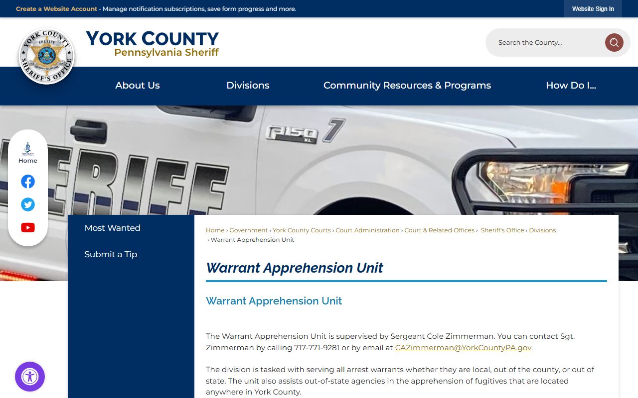 York County Warrant Division page with details on warrant service and 72 hour booking procedures