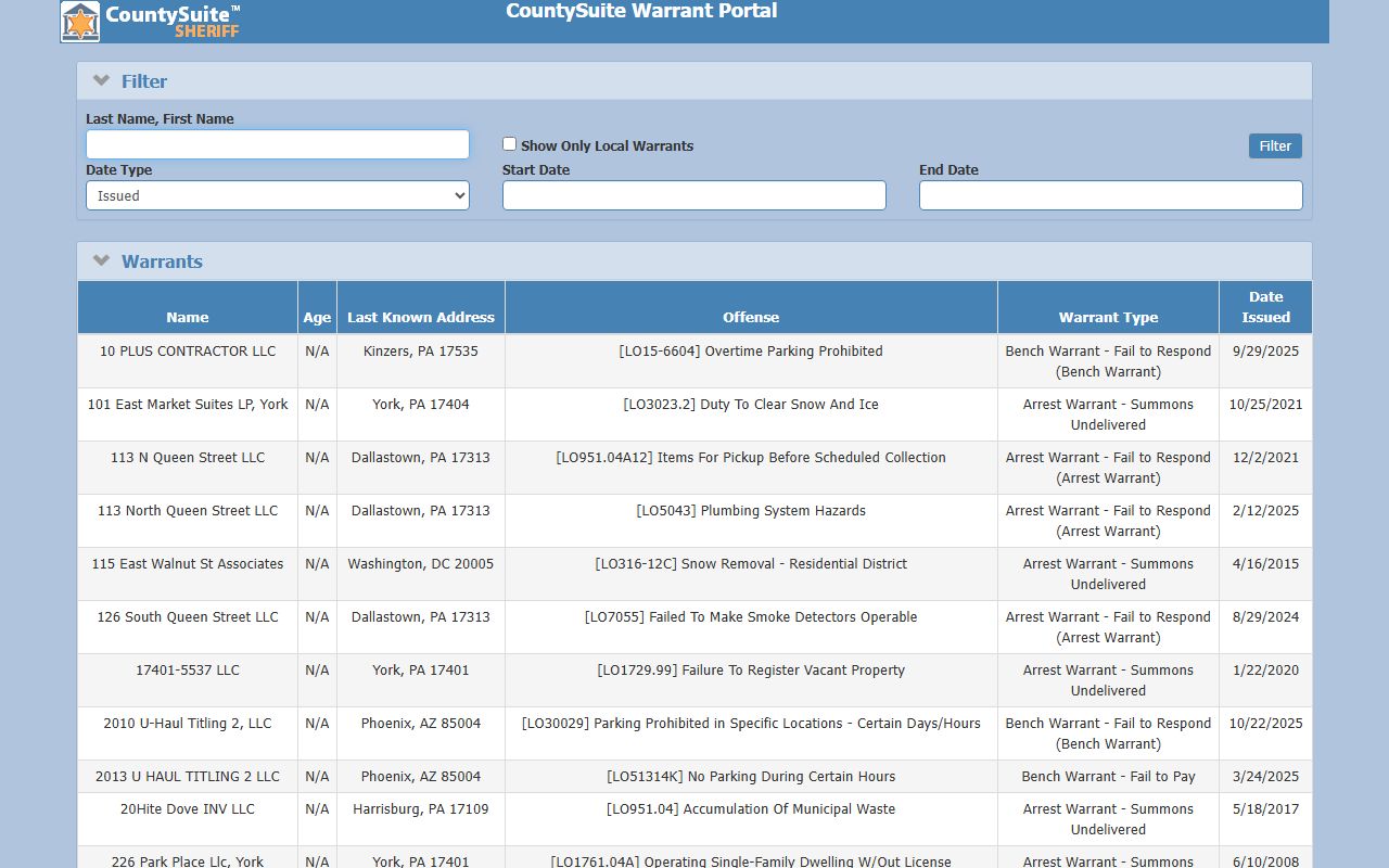 York County Sheriff warrant portal for searching active warrants tied to 72 hour booking records