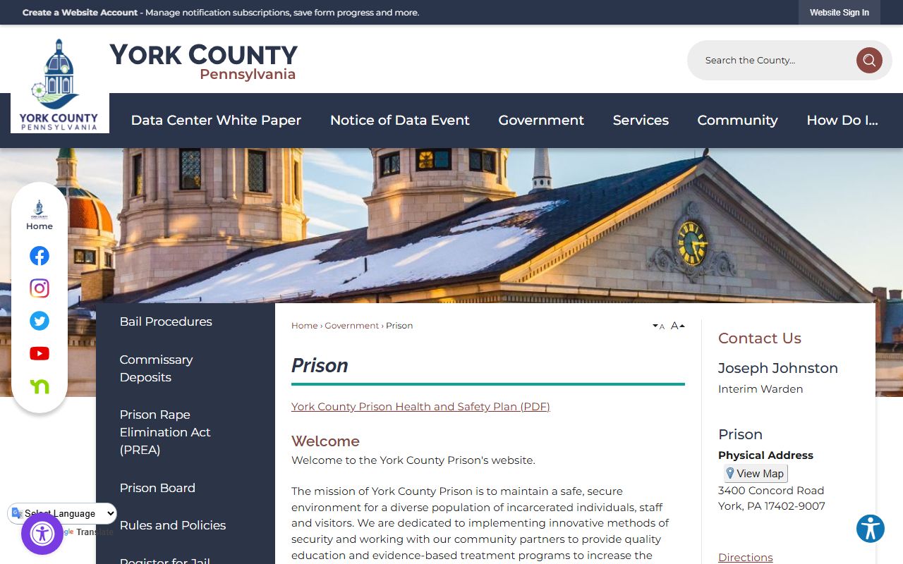 York County Prison page with inmate information and 72 hour booking custody details