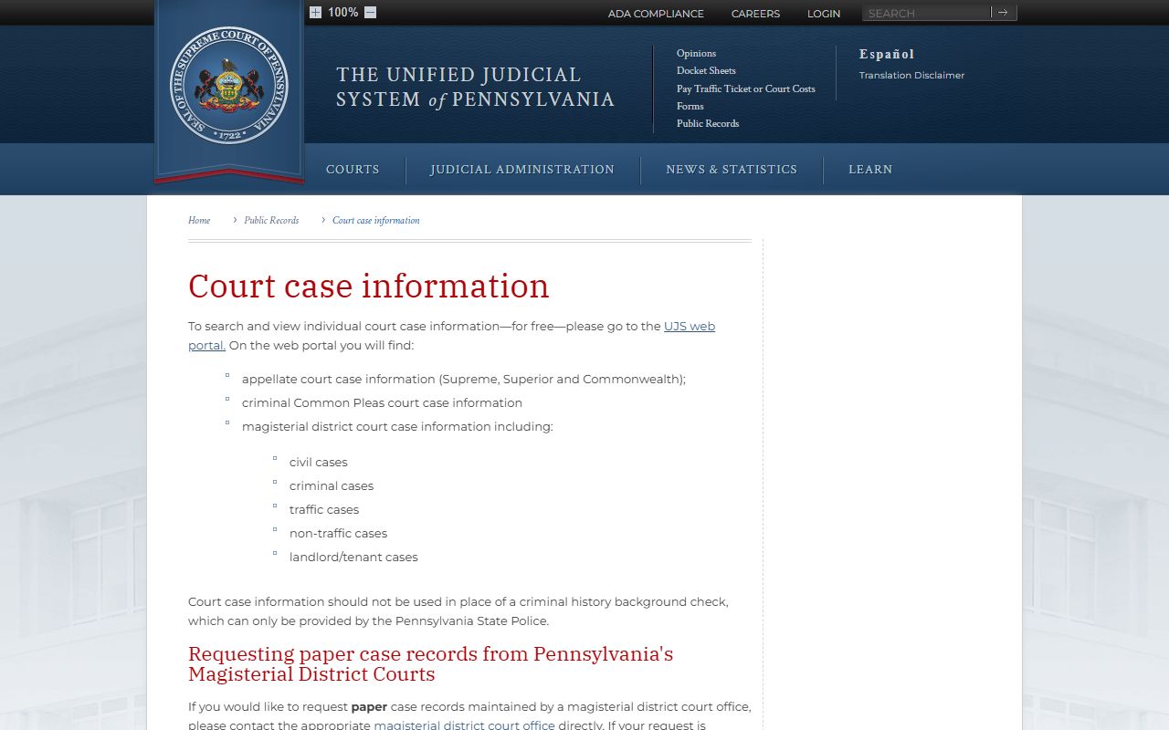 Pennsylvania courts public records for 72 hour booking case information