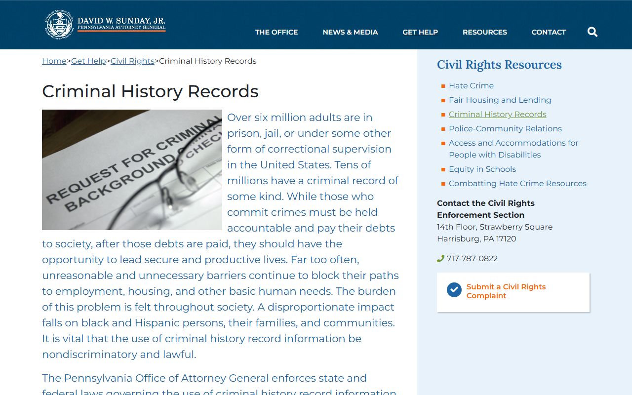 Pennsylvania Attorney General criminal history booking records information