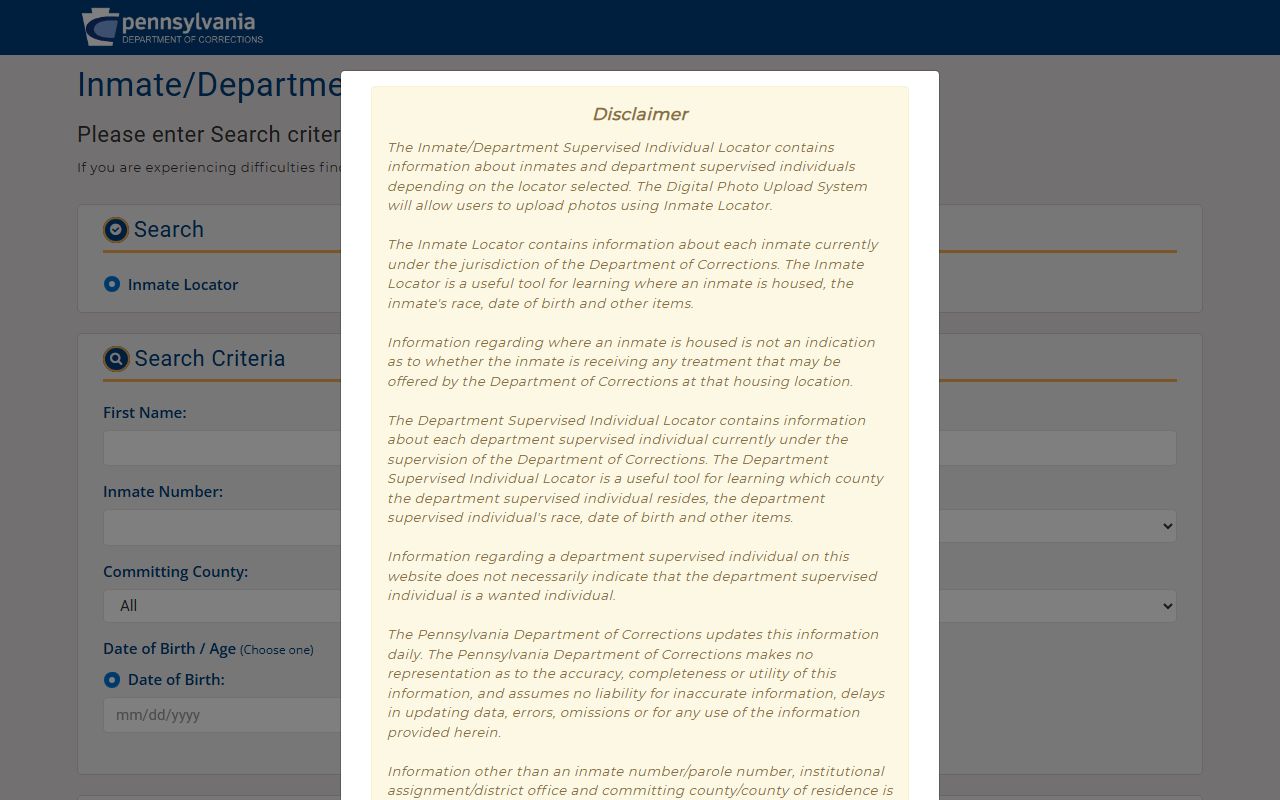 Pennsylvania Department of Corrections inmate locator for booking records