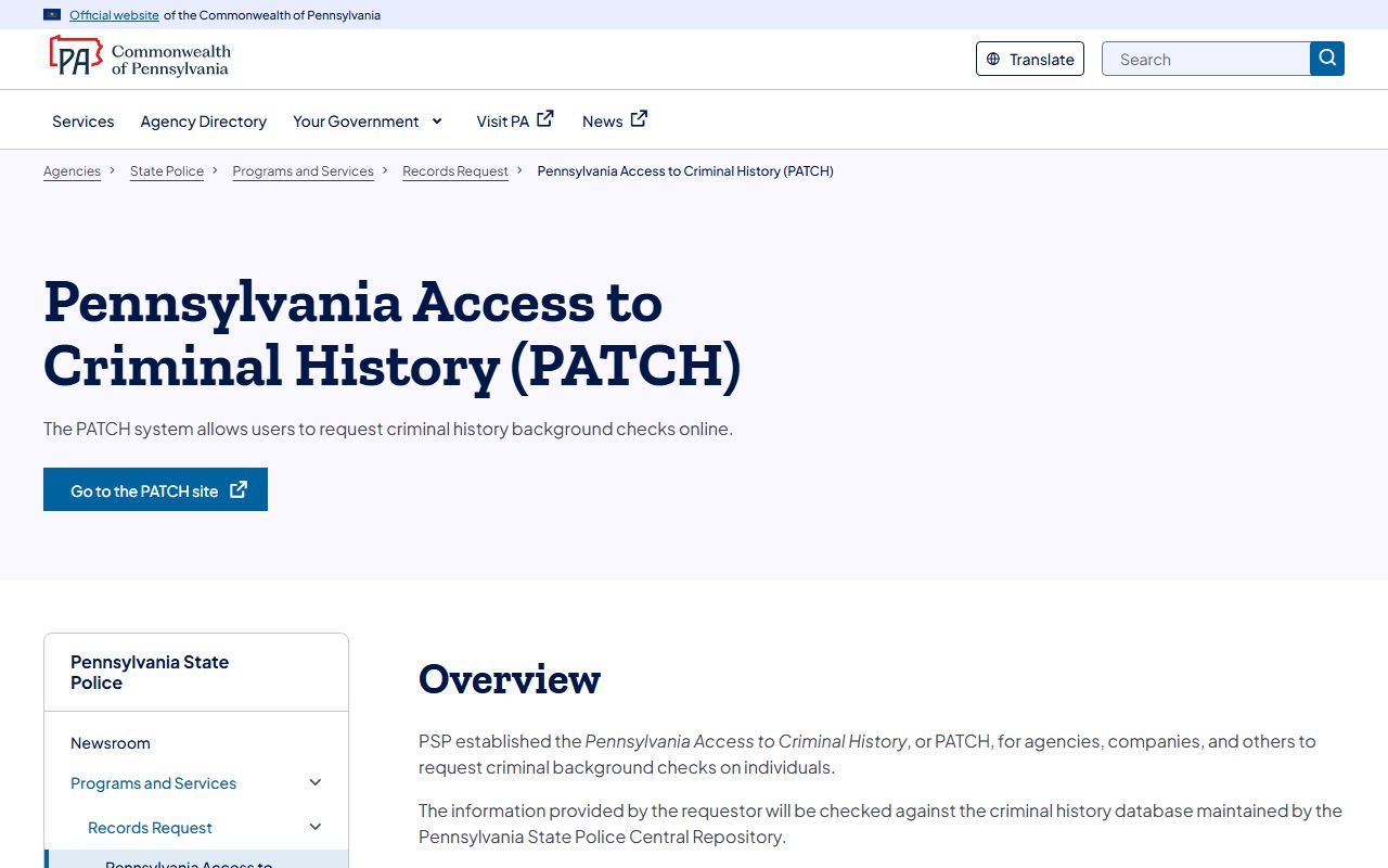 Pennsylvania State Police PATCH system for criminal booking records