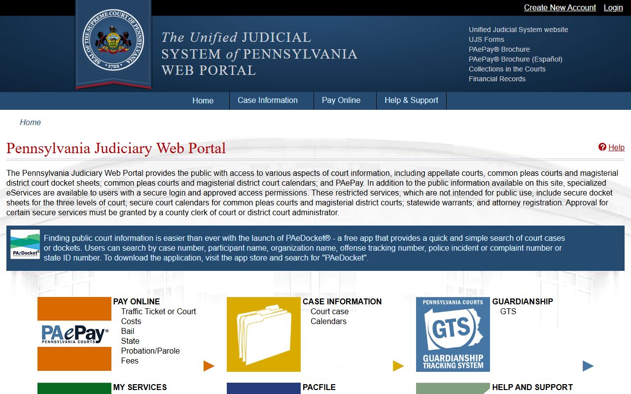 Pennsylvania Unified Judicial System portal for 72 hour booking record searches